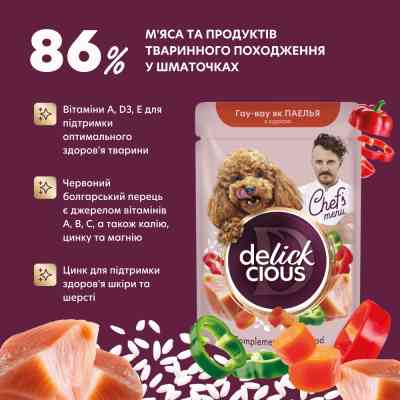 Влажный корм для собак Delickcious паэлья с курицей 85 г (4820269147041) Винница