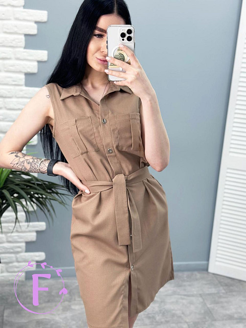 Лляна сукня-сорочка без рукавів "Journey" оптом | Розпродаж моделі Капучіно, 42-44 Київ - фото 1