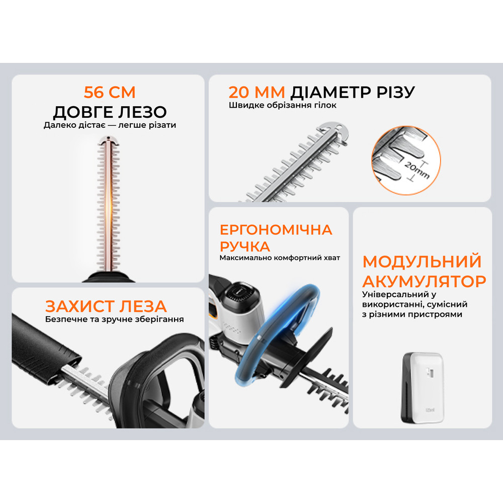 Акумуляторний кущоріз Litheli, живлення від павербанку (УМБ Litheli Power Bank 20000 mAh, 45 W, 2А в комплекті) Київ - фото 8