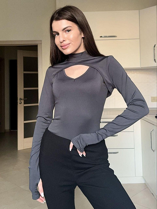 Жіночий стильний боді-двійка: боді та топ із довгим рукавом під горло мікродайвінг Графіт, 42/44 Одеса - фото 1