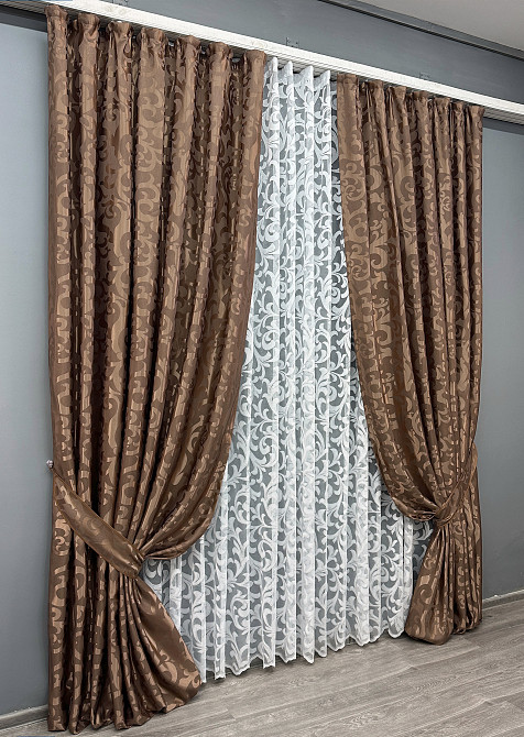 Комплект штор VR-Textil Жаккард Вензель 200х270 2шт и Тюль 600х270 478ш-1147т Коричневый с белым 71-103/7 Киев - изображение 2