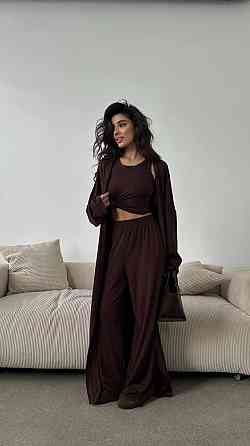 Женский комфортный стильный костюм тройка из натуральной вискозы Шоколад Одесса