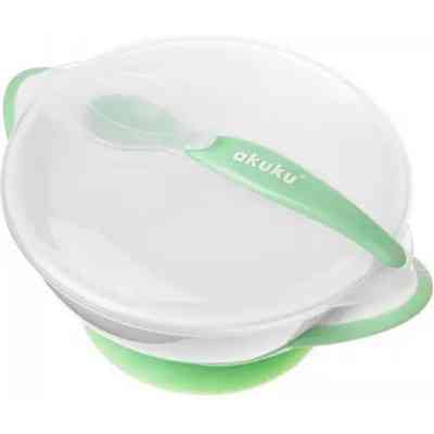 Набор детской посуды Akuku тарелка на присоске с ложкой, белый-зеленый (A0504) Винница
