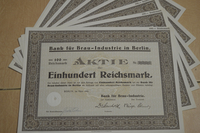 Акція. Німеччина. Bank fur Brau-Industrie in Berlin --100reichmark 1933 рік aUNC-UNC (5 - 9) Полтава - фото 1