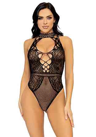 Leg Avenue Net and lace halter bodysuit OS Black Sex Aura Київ