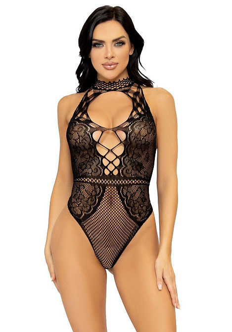 Leg Avenue Net and lace halter bodysuit OS Black Sex Aura Київ - фото 1