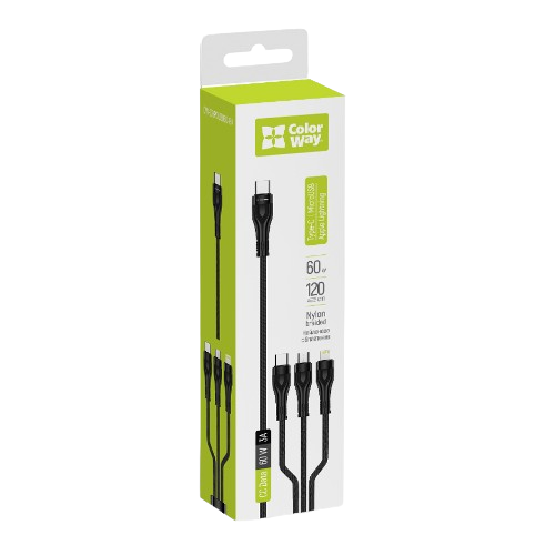 Кабель USB PD Type-C/3в1(Lightning/Micro USB/Type-C) ColorWay CW-CBPDU3060-BK 3,0A 60W 1,2м чорний Житомир