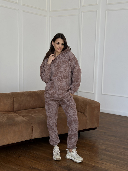 Теплый костюм женский мраморный принт на флисе Бежевый S-M Харьков - изображение 1