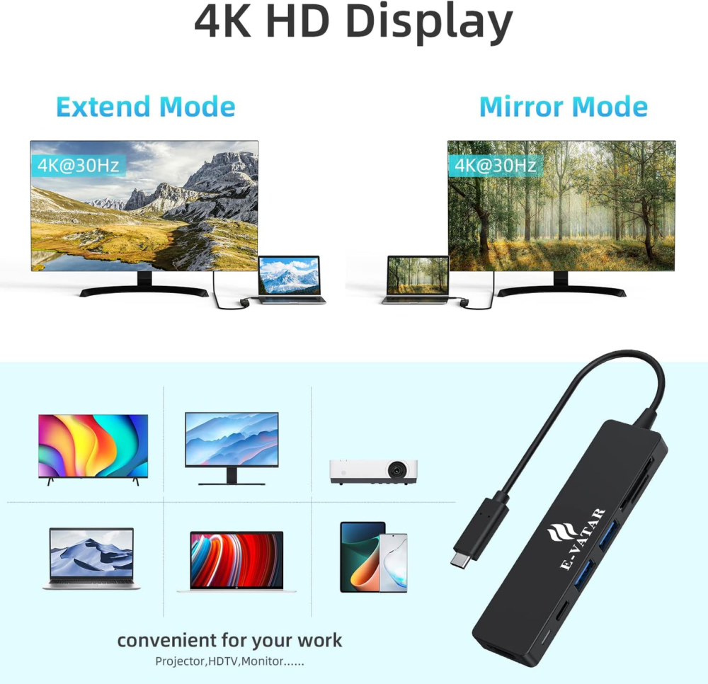 Концентратор USB Hub Хаб USB-C E-VATAR 6-в-1 USB 1 HDMI, 2 USB 3.0, 100 Вт PD3.0, 1 SD/TF Киев - изображение 7