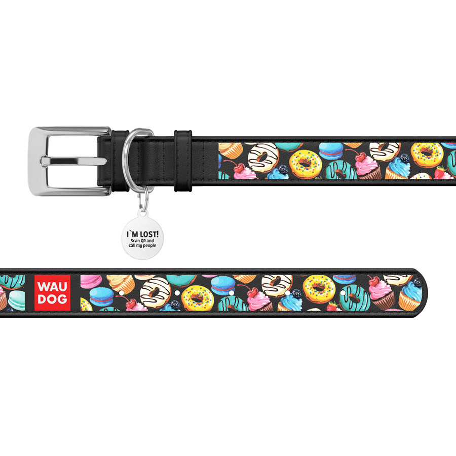 Нашийник для собак шкіряний WAUDOG Design з QR паспортом, малюнок "Пончики", S, Ш 15 мм, Дов 26 Коломия - фото 3