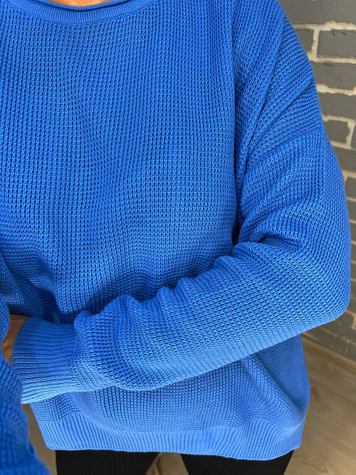 Светр жіночий MIX RAY 6183 тонкий вафельний  розрізи по боках оверсайз вільний крій, синій, one size Одеса - фото 3