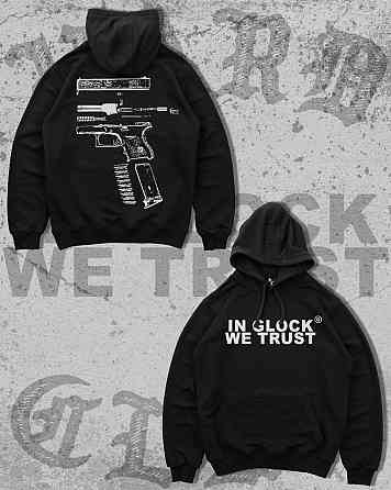 Худі з принтом “IN GLOCK WE TRUST” + принт пістолет (спина) | тепле худі унісекс Графитовый, L, Білий принт Чернівці