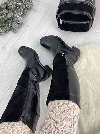 Чоботи жіночі ARLETT чорні шкіра+замша з натуральним хутром висота 34см каблук 6см (5339) Коломыя