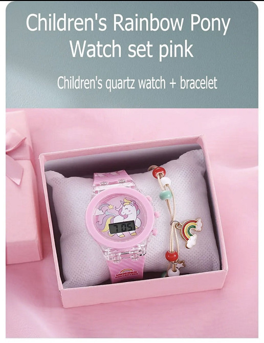Подарочный набор для девочек часы Единорог с браслетом в подарочной коробочке розовый Киев - изображение 2