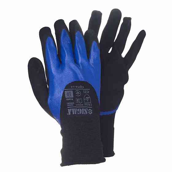 Трикотажные перчатки с двойным нитриловым покрытием р10 (сине-черные, манжет) SIGMA (9443681) Ровно