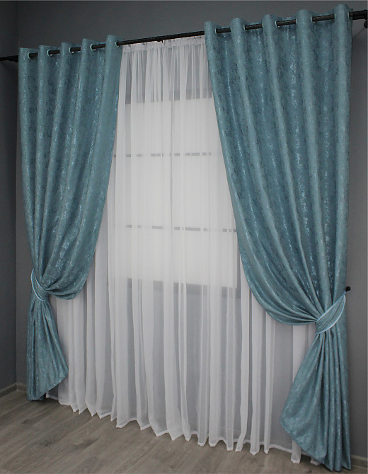 Комплект штор на люверсах VR-Textil Льон мармур Pavliani № 1369ш 150х250 см 2 шт Лазурний (37-0051) Київ - фото 3