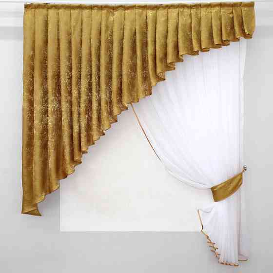 Кухонный комплект VR-Textil № 039к шторка с ламбрекеном белый с золотистым 180х170 см (52-0524) Киев