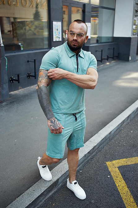 Мужской летний костюм футболка поло на змейке и шорты с карманами, мужской костюм двойка на лето abc бирюзовый L Одесса - изображение 6