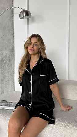 Женская базовая роскошная пижама двойка шелк Армани Черный, 46/48 Одесса