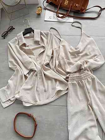 Жіночий легкий прогулянковий костюм-трійка: сорочка майка та штани креп жатка Беж, 42/46 Одеса