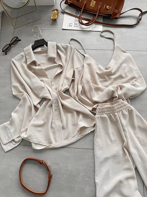 Жіночий легкий прогулянковий костюм-трійка: сорочка майка та штани креп жатка Беж, 42/46 Одеса - фото 3