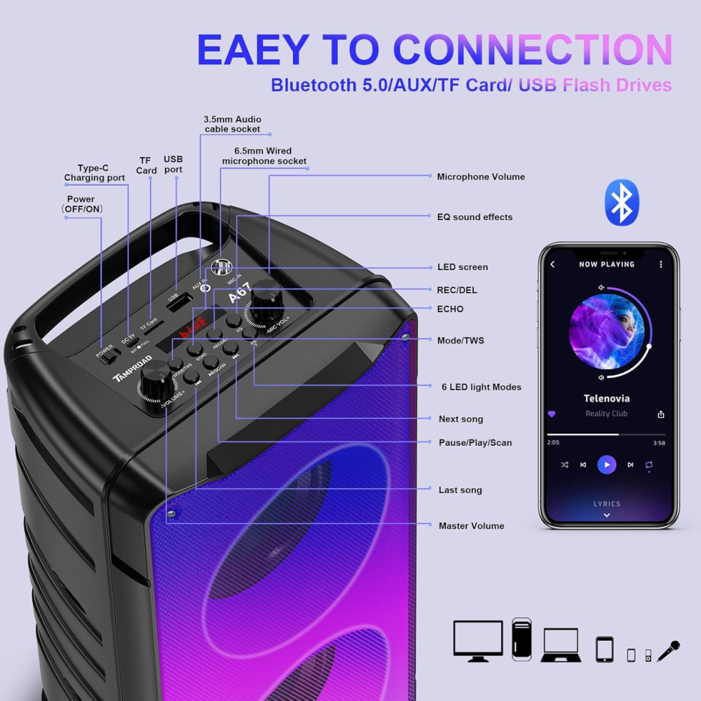 Bluetooth-колонка TAMPROAD A67 80 Вт, 60 Вт RMS, TWS, FM-радіо, RGB-підсвітка, акумулятор 10000 мА·год Київ - фото 6