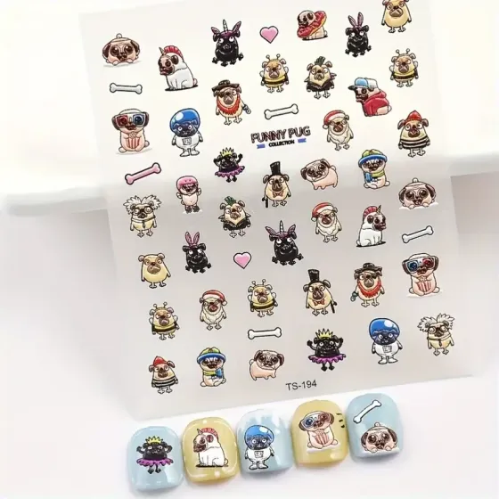 5D-поліуретанові наліпки для нігтів «Мопси» — аркуш 8×9,6 см Київ