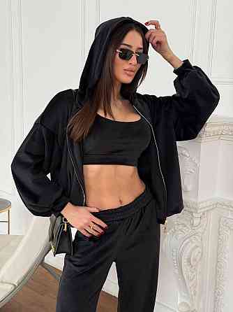 Женский повседневный костюм тройка: кофта, топ и брюки велюр Черный, 48/52 Одесса