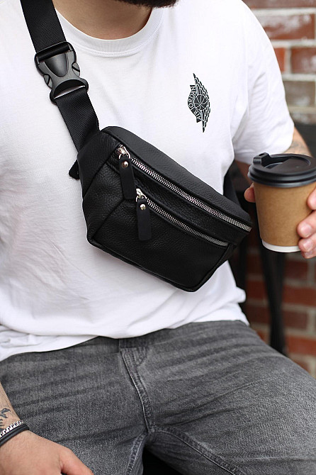 Чоловіча сумка-бананка на пояс з натуральної шкіри SL009 (Чорна) Суми - фото 4