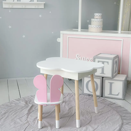 Дитячий стіл Хмарка з нішою та стільчиком Метелик (Білий з рожевим) Київ