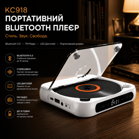 Портативний CD-плеєр Bluetooth-колонка Lyutiore KC918 акумуляторний з FM-радіо та пультом ДУ настінний дисплей Київ