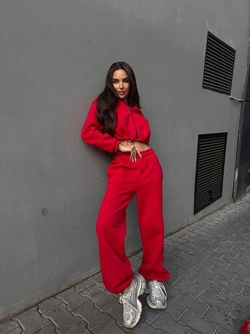 Утеплений жіночий костюм двійка у спортивному стилі тринитка на флісі Червоний, 42/44 Одеса - фото 6