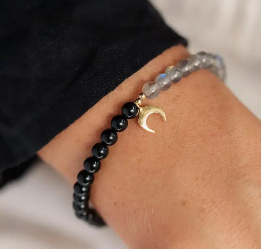 Браслет з лабрадориту та обсидіану з підвісом Місяць – натуральне каміння Київ - фото 2