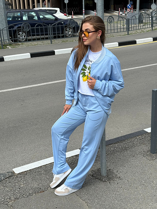 Жіночий костюм оверсайз з широкими штанами з двонитки Блакитний 42/44 Харків - фото 5