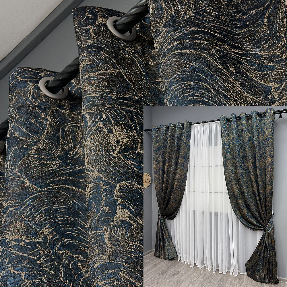 Комплект штор на люверсах VR-Textil Жаккард Fantasy № 1634ш Синий с золотистым 150х280 см 2 шт (37-0186) Киев - изображение 1