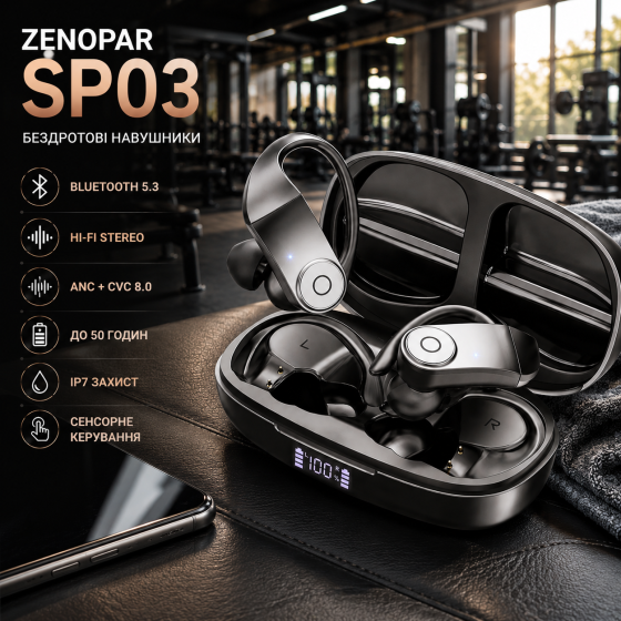 Беспроводные наушники Zenopar SP03 Bluetooth 5.3, Hi-Fi стерео, ANC, CVC 8.0, IP7, до 50 часов, сенсорное управление Киев