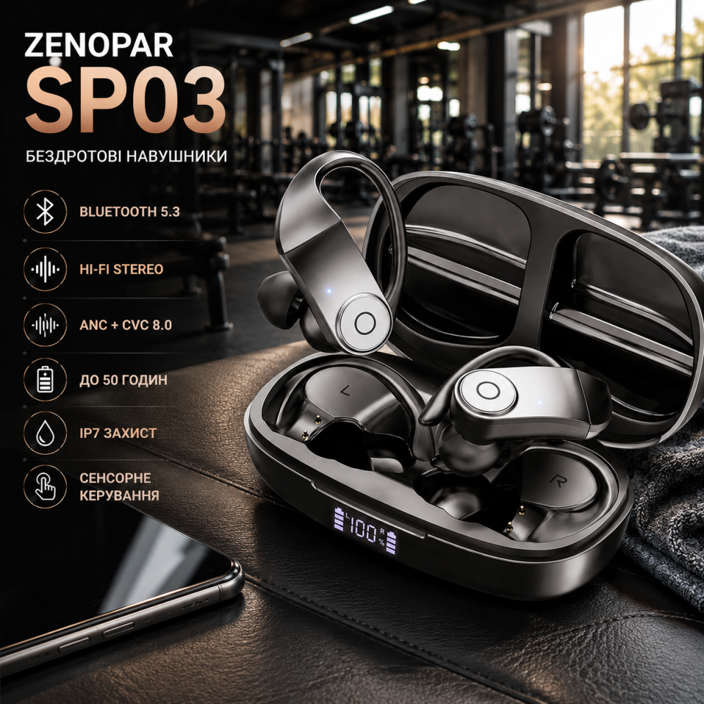 Беспроводные наушники Zenopar SP03 Bluetooth 5.3, Hi-Fi стерео, ANC, CVC 8.0, IP7, до 50 часов, сенсорное управление Киев - изображение 1