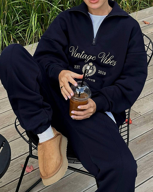 Жіночий теплий прогулянковий костюм-двійка: кофта та штани турецька тринитка на флісі Темно-синій, 46/48 Одеса - фото 4