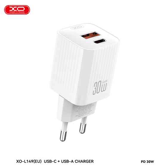 Мережевий зарядний пристрій XO L149 PD30W 1USB-A+1USB-C + Lightning кабель білий Львів