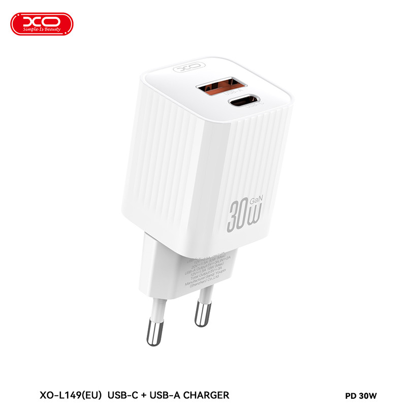 Мережевий зарядний пристрій XO L149 PD30W 1USB-A+1USB-C + Lightning кабель білий Львів - фото 3