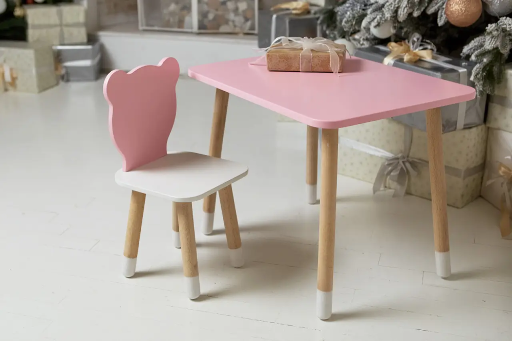 Дитячий прямокутний столик (Рожевий) та стільчик Ведмедик (Рожевий з білим) Київ - фото 4