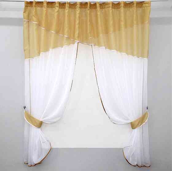 Кухонные шторы VR-Textil № 091к с ламбрекеном и подвязками золотистый с белым 270х170 см (50-866) Киев