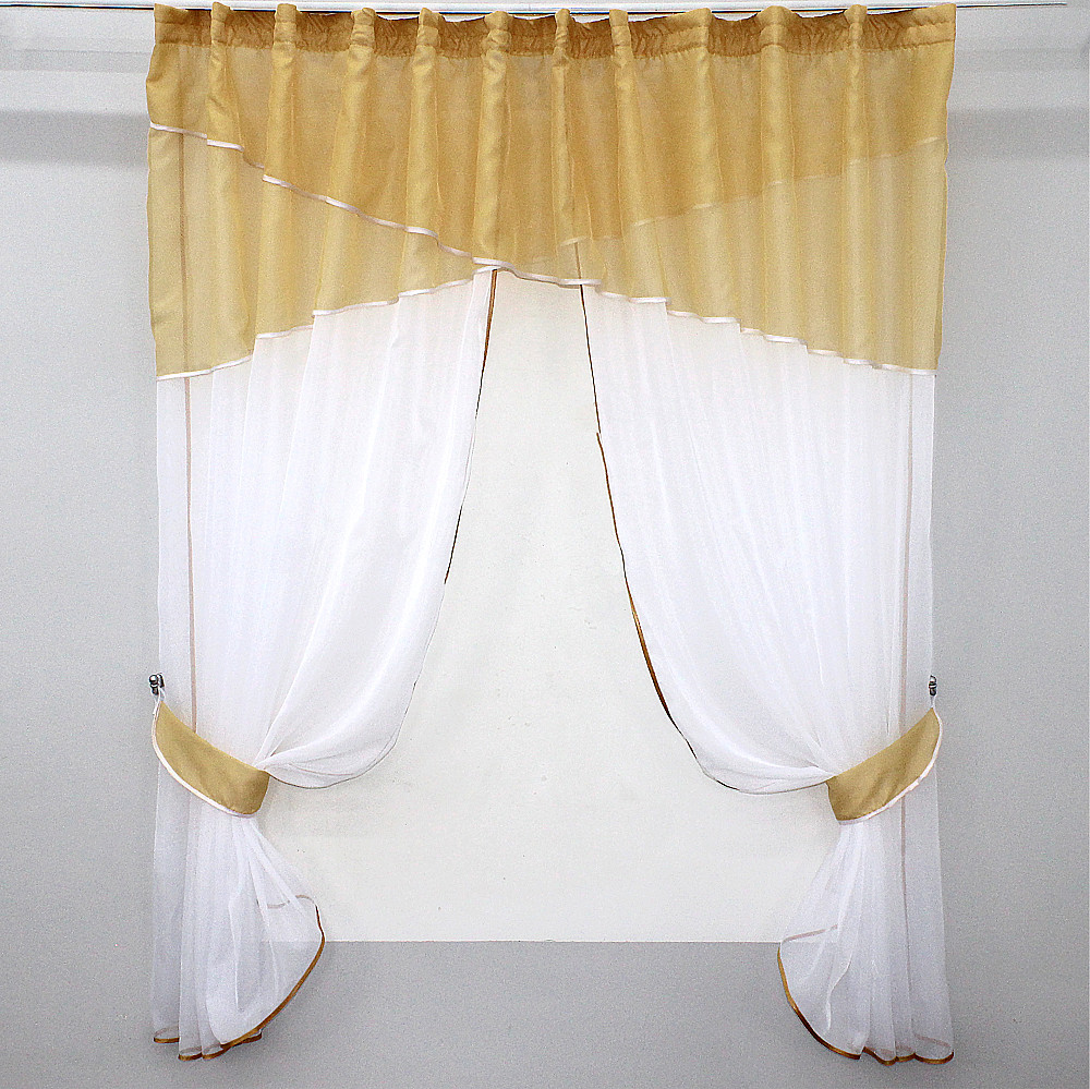 Кухонные шторы VR-Textil № 091к с ламбрекеном и подвязками золотистый с белым 270х170 см (50-866) Киев - изображение 1