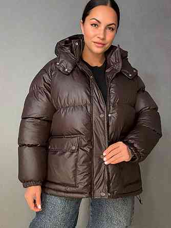 Куртка женская A-N 30046 глянцевая пуффер удлиненная с капюшоном S-M, коричневый, SM Киев