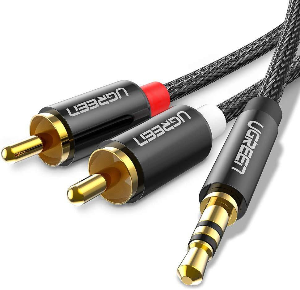 Аудіо кабель 2 RCA Jack 3.5 AUX Hi-Fi Ugreen AV116 (Чорний з сріблястим, 2м) Николаев - изображение 2
