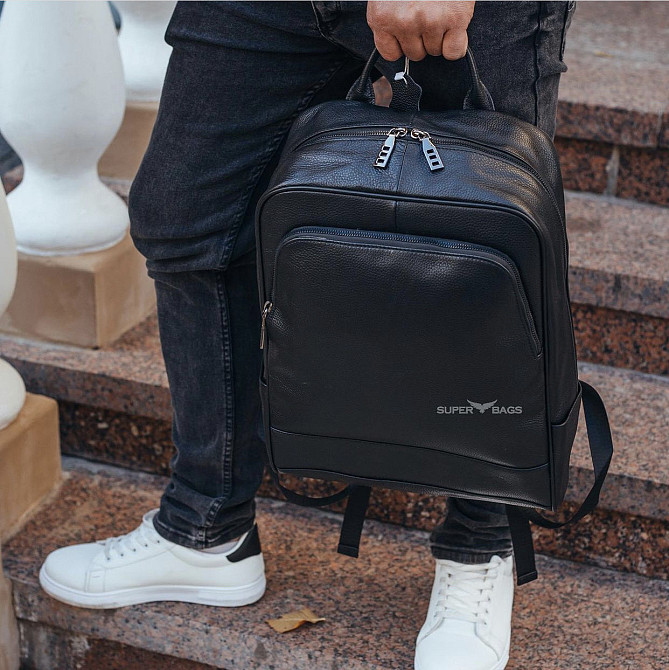Класичний чорний чоловічий рюкзак з натуральної шкіри діловий, офісний, для ноутбука Tiding Bag Київ - фото 10