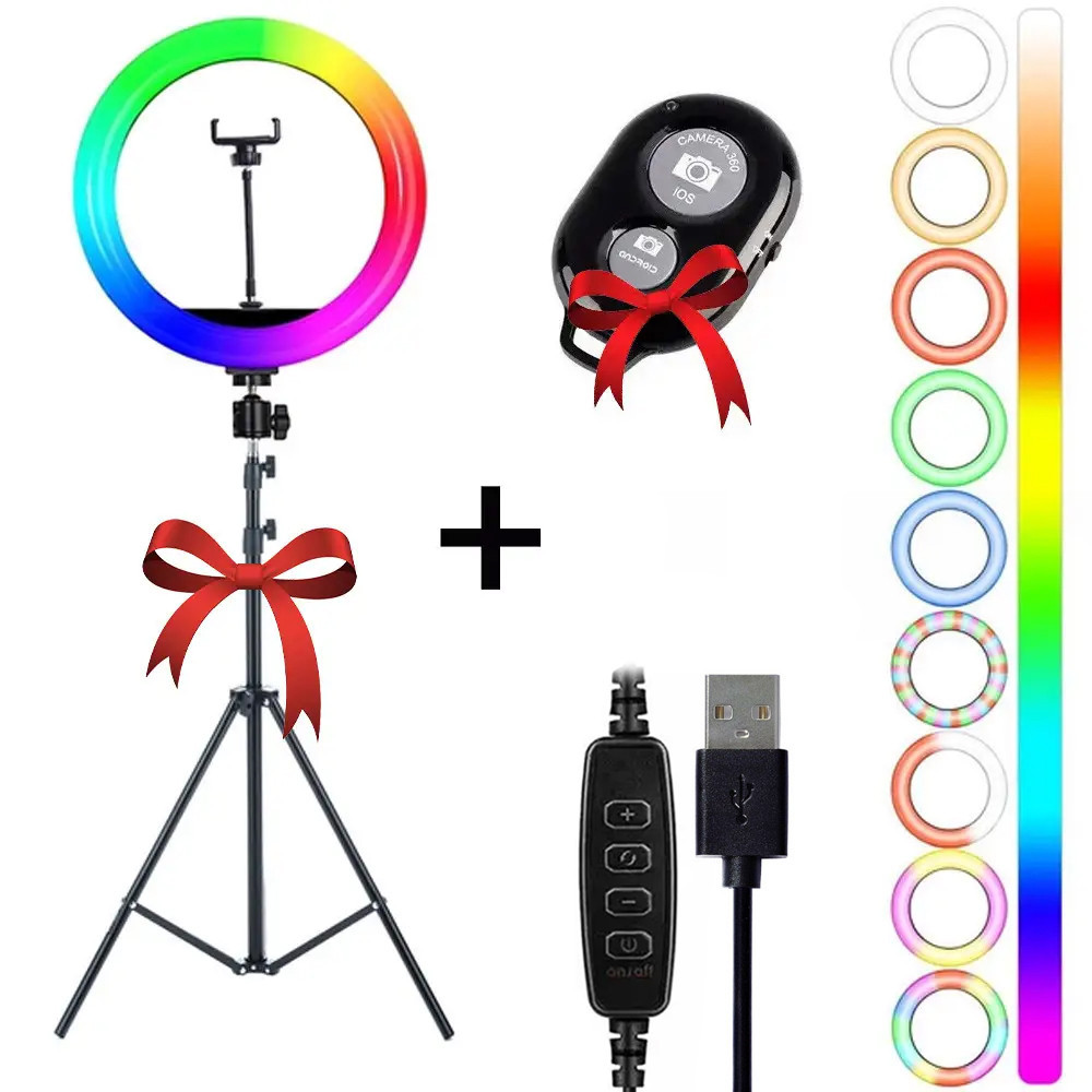 Светодиодная кольцевая лампа RGB 30см, от USB, MJ300 + Подарок Штатив складной 0,66-2 м + Подарок Селфи пульт Киев - изображение 1
