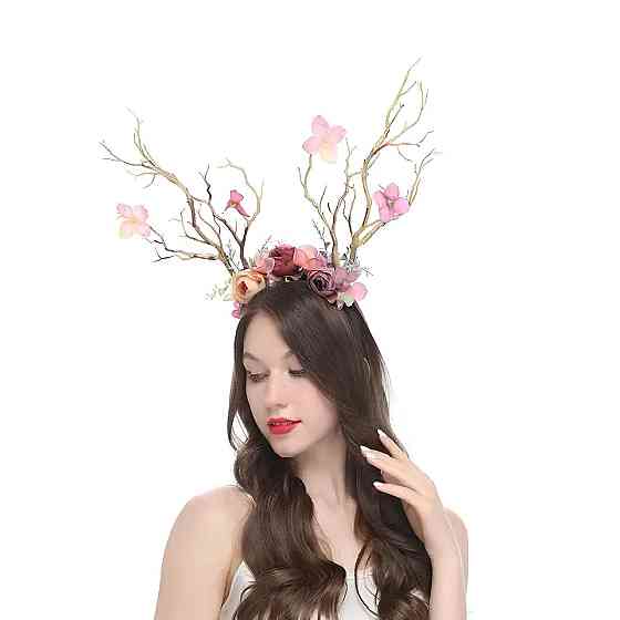 Обруч с цветами и рогами RESTEQ. Ободок с пионами и рогами. Обруч с орхидеями, пионами и ветвями деревьев в виде рогов. Обруч Киев