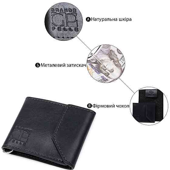 Кожаный мужской зажим для денег на магните GRANDE PELLE 11546 Синий Киев