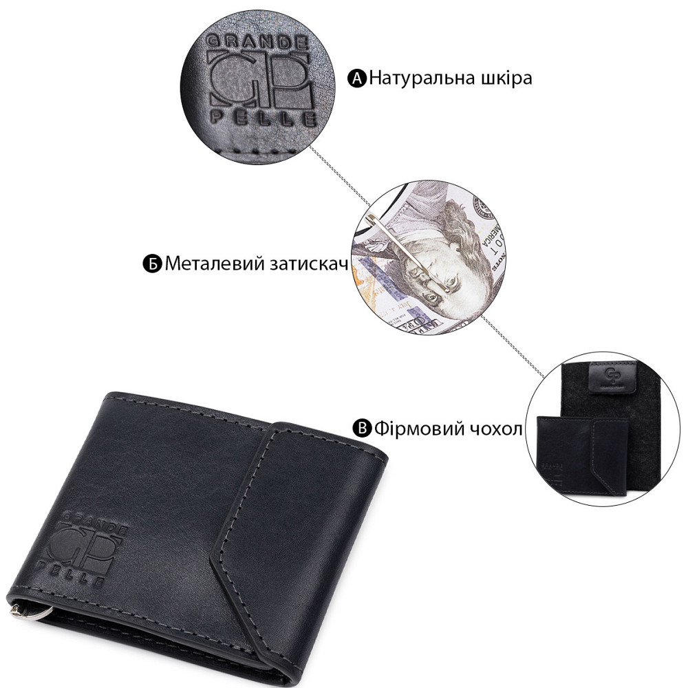 Шкіряний чоловічий затиск для грошей на магніті GRANDE PELLE 11546 Синій Київ - фото 4